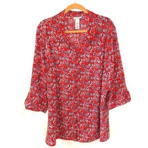 Catherine's Size 2X Pullover Blouse Button Front Red Paisley Print Collared